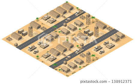 Military base in the desert with tanks and trucks patrolling 138912371