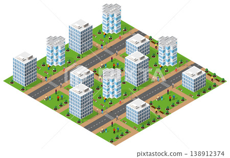 Modern isometric city with people walking and relaxing in a park Modern isometric city with people walking and relaxing in a park 138912374