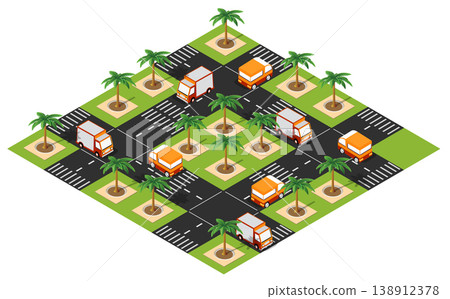 Delivery trucks driving on a road with palm trees in isometric view 138912378