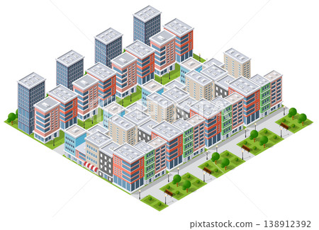 Modern isometric city center with skyscrapers, buildings, parks, and trees 138912392