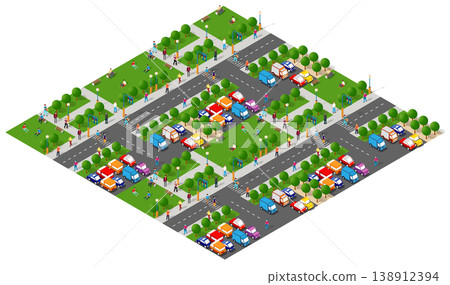 Isometric city park with roads full of cars and people spending time outdoors 138912394