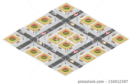 Isometric city with cars driving on the road and roundabouts with flowerbeds 138912397