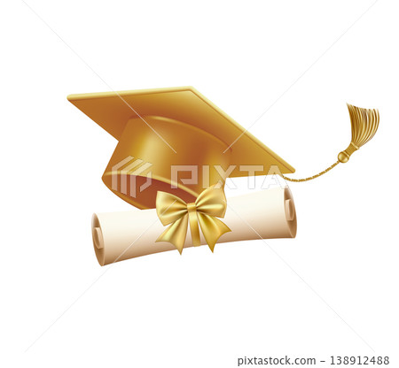 3d graduate cap with diploma scroll. Diploma with golden bow. 3d graduate cap with diploma scroll. Diploma with golden bow. 138912488