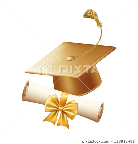 3d graduate cap with diploma scroll. Diploma with golden bow. 138912491
