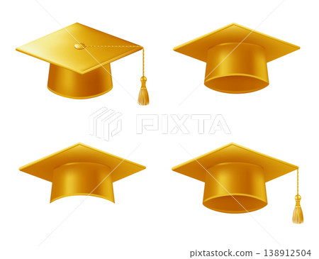 Realistic gold graduate caps set. 3D Graduation Doctoral hat Realistic gold graduate caps set. 3D Graduation Doctoral hat 138912504