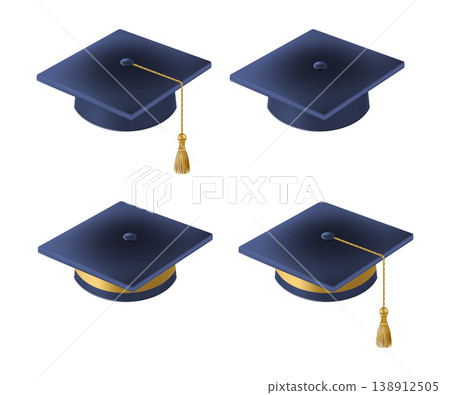 Realistic Blue graduate caps set. 3D Graduation Doctoral hat. Realistic Blue graduate caps set. 3D Graduation Doctoral hat. 138912505