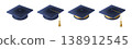 Realistic Blue graduate caps set. 3D Graduation Doctoral hat. 138912545
