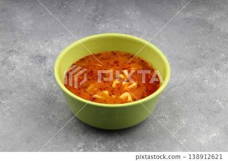 Delicious Homemade Yuksuk Corbasi Turkish Ring Soup With Small Manti Dumplings Chickpeas In Spicy Sauce 138912621