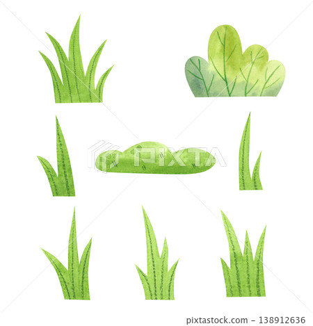 Green bushes and grasses, isolated watercolor set. Simple hand drawn children's illustrations of a green lawn. Bright, colorful plants, summer greenery. 138912636