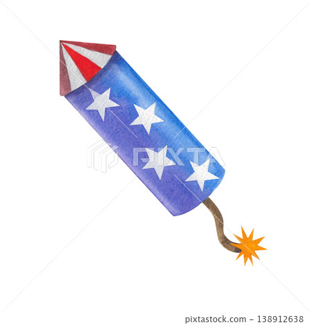 Firecracker, firework rocket with a lit fuse, decorated with stars. Hand drawn watercolor illustration, isolated. Festive decorative element for a surprise, event, or celebration. Firecracker, firework rocket with a lit fuse, decorated with stars. Hand drawn watercolor illustration, isolated. Festive decorative element for a surprise, event, or celebration. 138912638