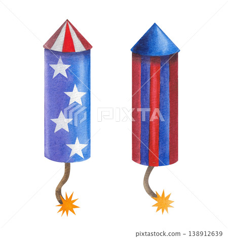 Firecracker, firework rocket with a burning fuse, decorated with stars. Hand drawn watercolor set, isolated. Festive decorative element for a surprise, event, or birthday. 138912639