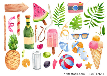 Hand drawn summer items: camera, sunglasses, ice cream. Set of watercolor illustrations on the beach theme, isolated. Summer icons and stickers. A collection of beach party-themed scrapbooking Hand drawn summer items: camera, sunglasses, ice cream. Set of watercolor illustrations on the beach theme, isolated. Summer icons and stickers. A collection of beach party-themed scrapbooking 138912641