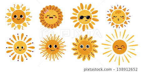 Cute sun set smiling faces and sunbeams. Perfect for children's designs, cards, invitation, posters, stickers, weather icons, educational materials, or fun summer and holiday projects.  138912652
