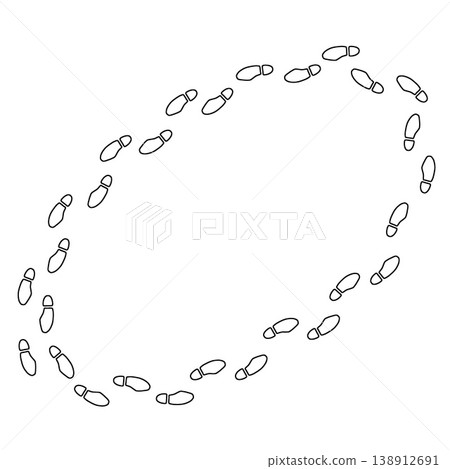Shoe print outline oval, thin line footprint track path set on white background. Minimalist walking person steps, shoe print outline, human boot mark shape. Footwear line art Shoe print outline oval, thin line footprint track path set on white background. Minimalist walking person steps, shoe print outline, human boot mark shape. Footwear line art 138912691