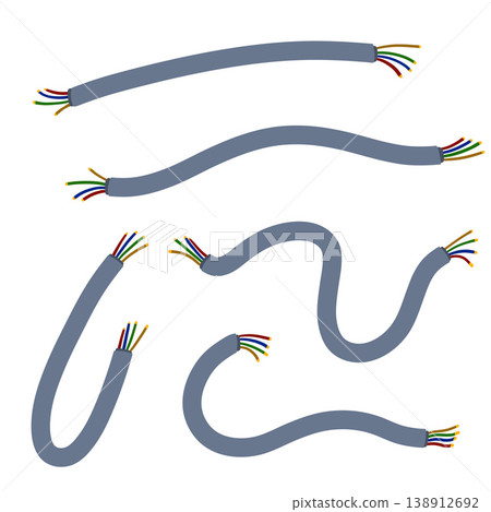 Power wire, grey electric cable set, energy supply line collection isolated. Electrical cord part, connection industrial technology element. Power wire energy equipment hardware. 138912692