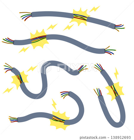 Short circuit, electric wire spark, broken cable damage hazard set. Power energy flash connection, electrical cord light blast. Short circuit industrial technology equipment. 138912693