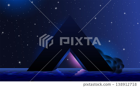 Geometric pyramid with door or surreal neon entrance glowing in the night with reflection on water and mountains on background Geometric pyramid with door or surreal neon entrance glowing in the night with reflection on water and mountains on background 138912718