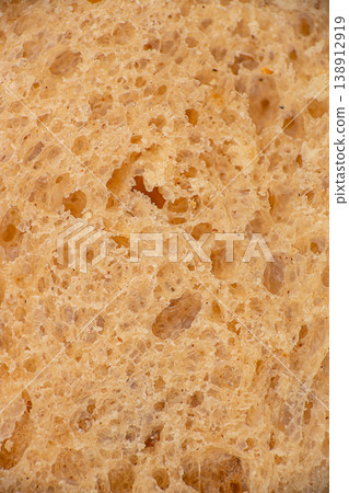 Bread crumb texture closeup, porous artisan loaf interior macro background 138912919