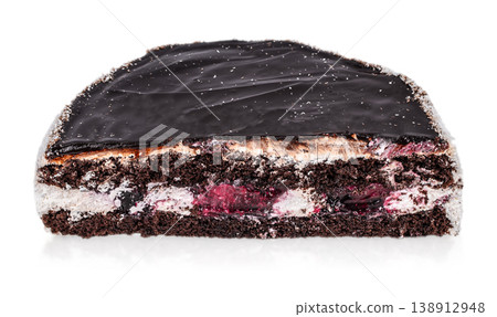 Chocolate cake cross section isolated on white background, layered dessert with berry filling Chocolate cake cross section isolated on white background, layered dessert with berry filling 138912948
