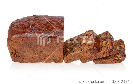 Fruit loaf cake sliced isolated on white background, homemade baked dessert with raisins and walnuts Fruit loaf cake sliced isolated on white background, homemade baked dessert with raisins and walnuts 138912955
