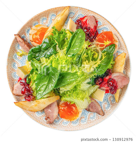 Salad with duck breast, pear, cheese and berry sauce on plate isolated on white background, top view Salad with duck breast, pear, cheese and berry sauce on plate isolated on white background, top view 138912976