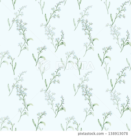 Watercolor seamless pattern with illustration green leaves and light blue forget-me-nots. Wildflowers herbs flowers. Wedding invites, fashion, prints, backgrounds. Mono floral pattern Watercolor seamless pattern with illustration green leaves and light blue forget-me-nots. Wildflowers herbs flowers. Wedding invites, fashion, prints, backgrounds. Mono floral pattern 138913078