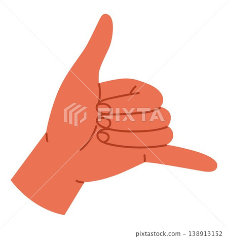 Human hand showing call me gesture. Shaka or loose hang sign. Communication and connection concept. Sign language. Isolated vector illustration in cartoon style 138913152