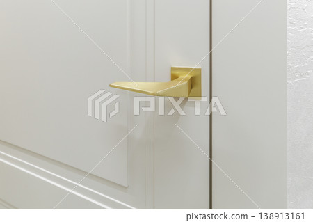 Close-up of Modern Gold Door Handle on White Classic Door 138913161