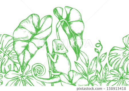 Seamless tropical border with plant leaves and a chameleon lizard. vector illustration in sketch style Seamless tropical border with plant leaves and a chameleon lizard. vector illustration in sketch style 138913418