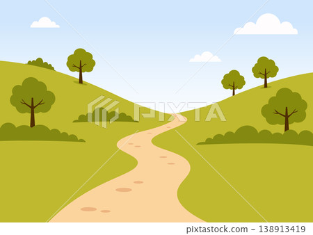 Winding dirt path in green hills landscape with trees and blue sky background. 138913419