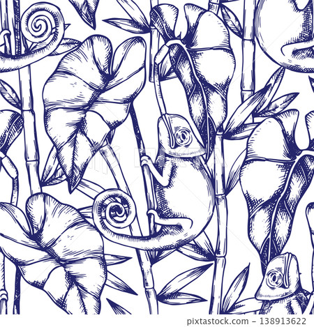 Seamless tropical pattern with plant leaves and chameleon lizard. vector illustration in sketch style 138913622