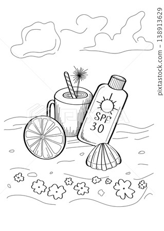 Beach essentials sketch with SPF sunscreen bottle cocktail and sea shell outline on a transparent background Beach essentials sketch with SPF sunscreen bottle cocktail and sea shell outline on a transparent background 138913629