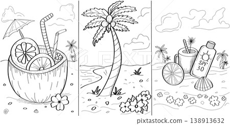 Hand drawn tropical summer collection with coconut cocktail palm tree and beach essentials line art on a transparent background Hand drawn tropical summer collection with coconut cocktail palm tree and beach essentials line art on a transparent background 138913632