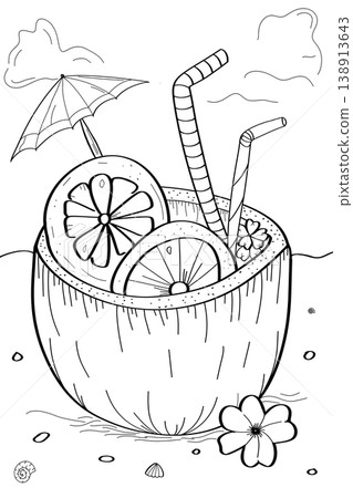 Hand drawn summer coconut cocktail with tropical fruit slices and paper umbrella outline on a transparent background 138913643