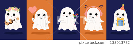 Cute festive ghost set playful spooky characters holiday themed collection Cute festive ghost set playful spooky characters holiday themed collection 138913782