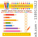 Measuring color pencil length, compare short, long size with ruler. Children education puzzle game. Number coloring drawing pen from shortest to longest. Kid math learning activity worksheet. Vector 138913822