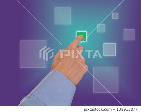 Hand selecting green square on digital business interface for choice control and selection on gradient background 138913877