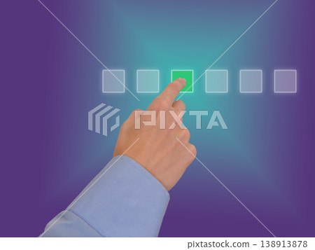 Hand touch green square on business interface for digital choice control and selection 138913878