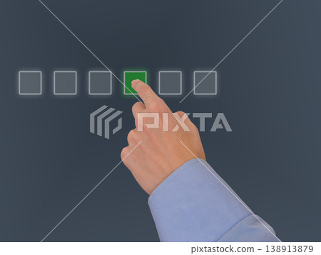 Hand touch green square for business choice control on digital interface selection screen 138913879