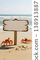 Blank beach sign with crabs and starfish on sandy shore by sea for summer vacation travel concept 138913887