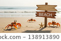 Beach sign with crabs and starfish on sandy shore by sea for summer vacation travel and tourism concept 138913890