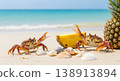 Beach crabs with pineapple and seashells on tropical sea shore for summer vacation travel tourism 138913894
