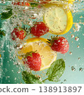 Fresh fruit underwater splash with strawberry lemon mint, citrus water bubbles and vibrant freshness 138913897