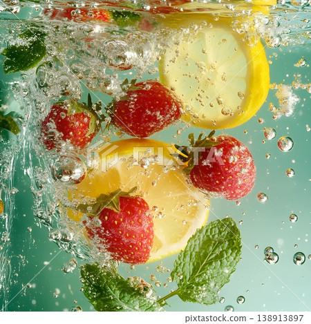Fresh fruit underwater splash with strawberry lemon mint, citrus water bubbles and vibrant freshness 138913897