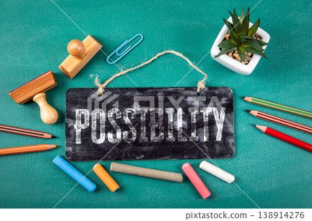Possibility Concept on Chalkboard Sign Surrounded by Creative Tools 138914276