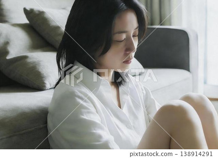 一位女士坐在沙發旁,抱著膝蓋,悲傷地低頭。 一位女士坐在沙發旁,抱著膝蓋,悲傷地低頭。 138914291
