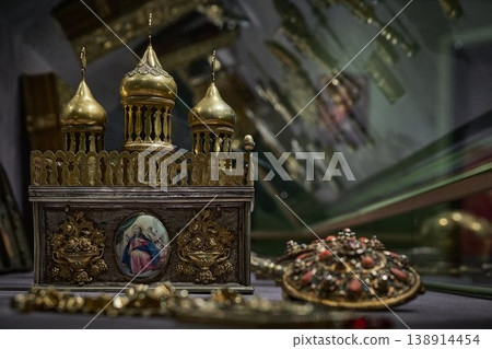 Ornate Orthodox church chalice with icon of Jesus Christ, religious liturgical object close up 138914454