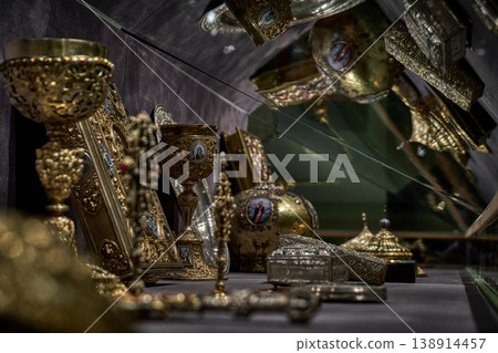 Ornate Orthodox church chalice with icon of Jesus Christ, religious liturgical object close up Ornate Orthodox church chalice with icon of Jesus Christ, religious liturgical object close up 138914457