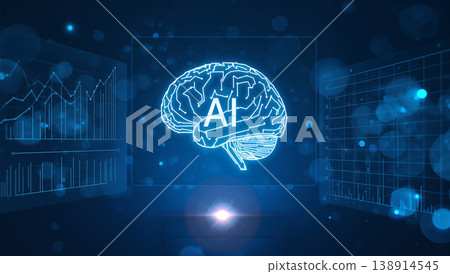 抽象科技背景，其中出現人工智慧大腦圖示和數據指標，沒有任何人物。 138914545