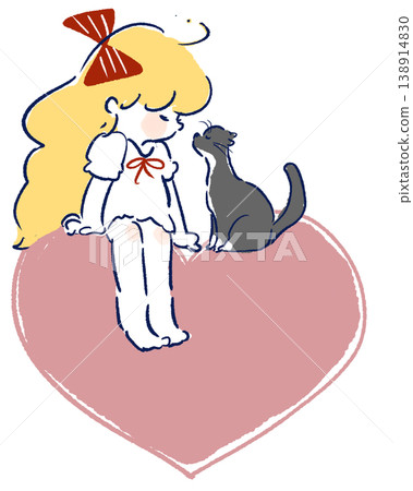 An illustration of a girl sitting on a heart and gazing at a cat. 138914830